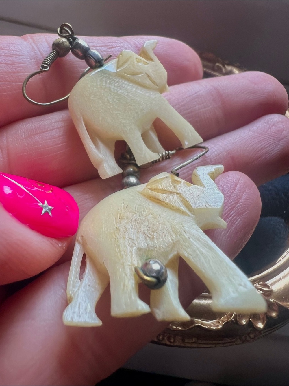 Vintage 1970’s hand-carved bovine bone elephant earrings